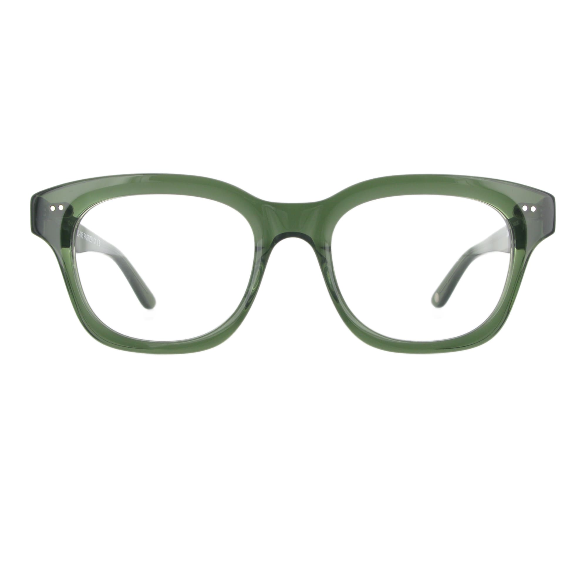 Flaschengrüne Acetatbrille mit einer besonderer Fase, Kollektion Funk Food, Modell Pastizzi.