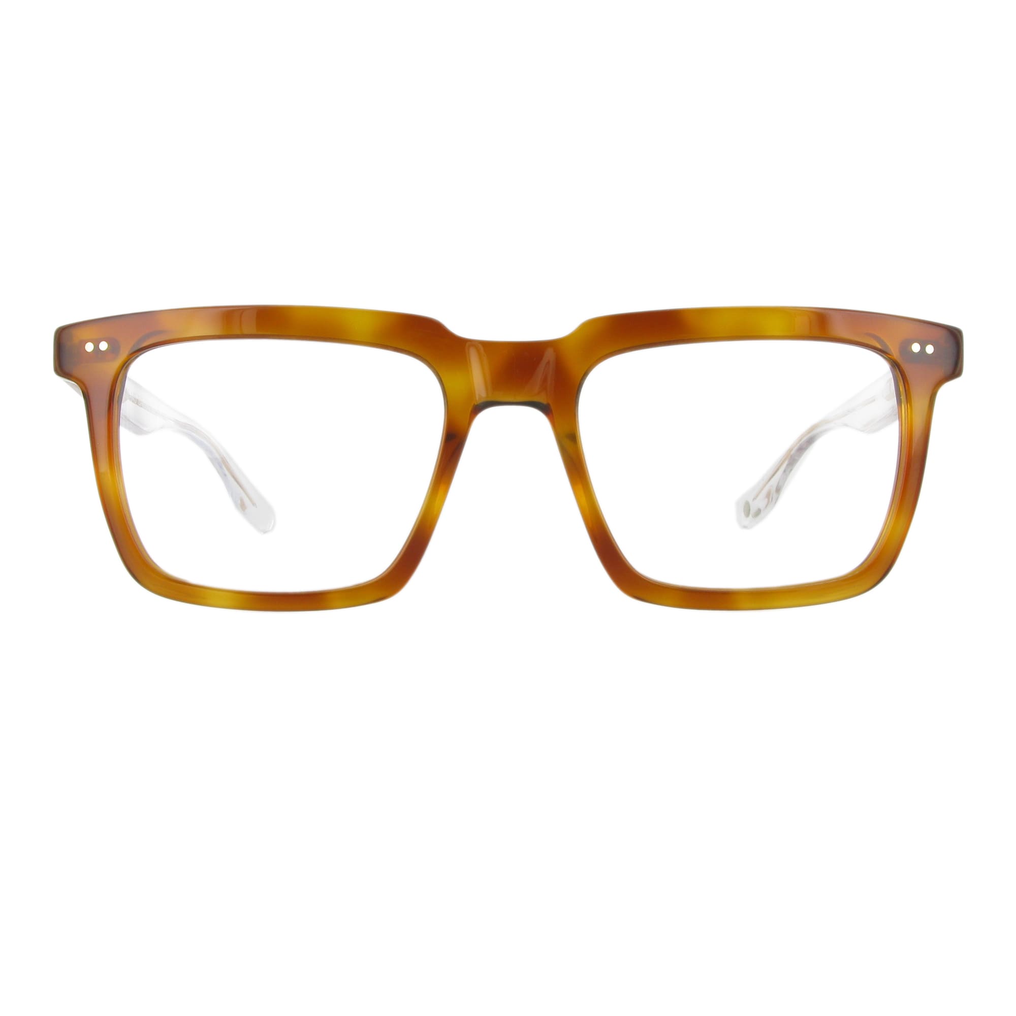 Havanna braune Acetatbrille mit dickem rechteckigen Gestell, Modell Balish, mit transparenten Bügeln.