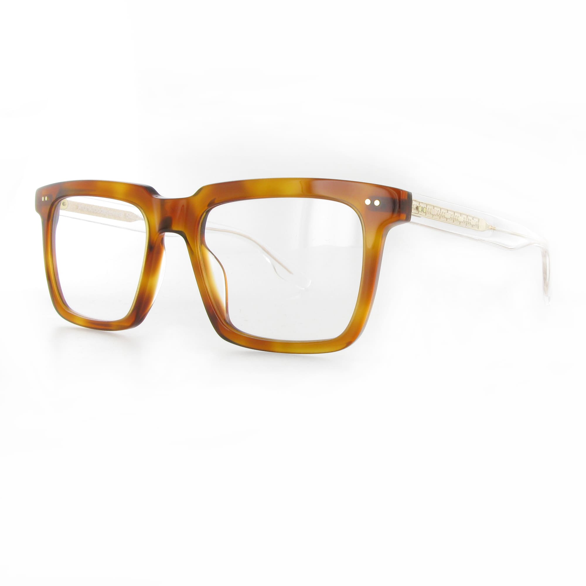 Havanna braune Acetatbrille mit dickem rechteckigen Gestell, Modell Balish, mit transparenten Bügeln.