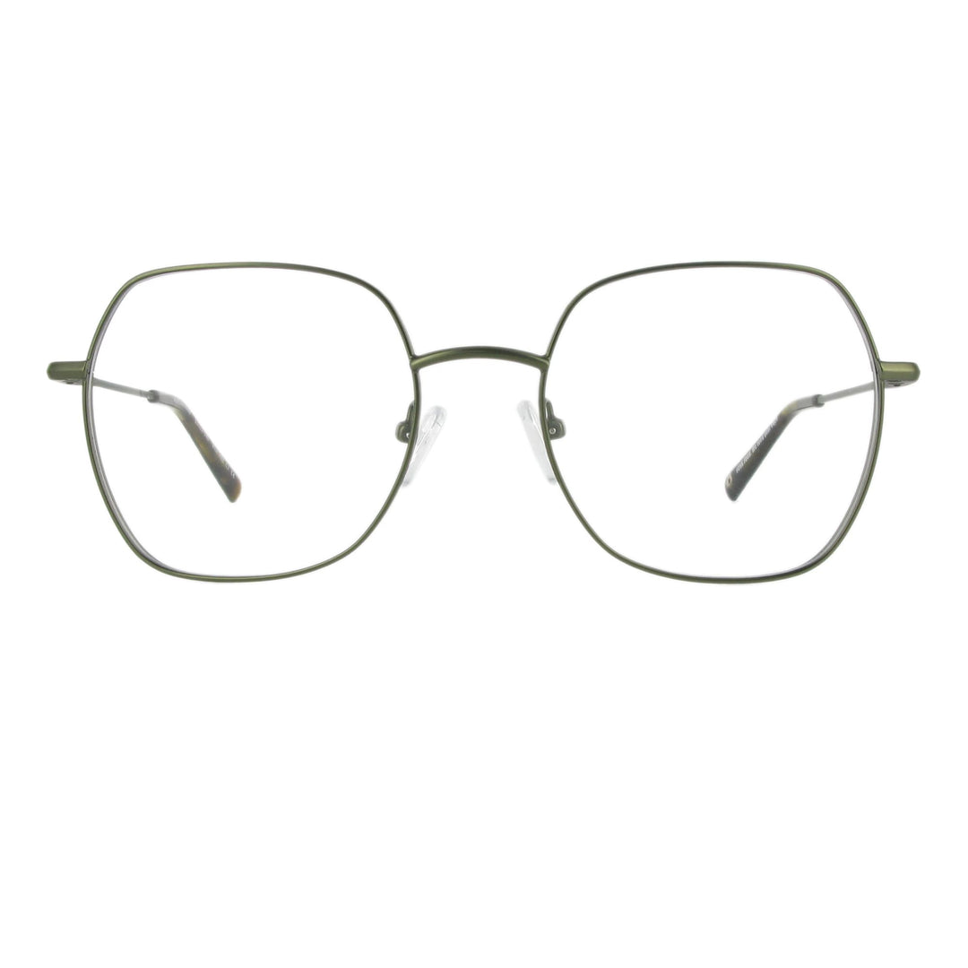 Leichte olivgrüne Metallbrille in femininem Design und eckiger Form, die durch unterschiedliche Materialstärken auffällt.