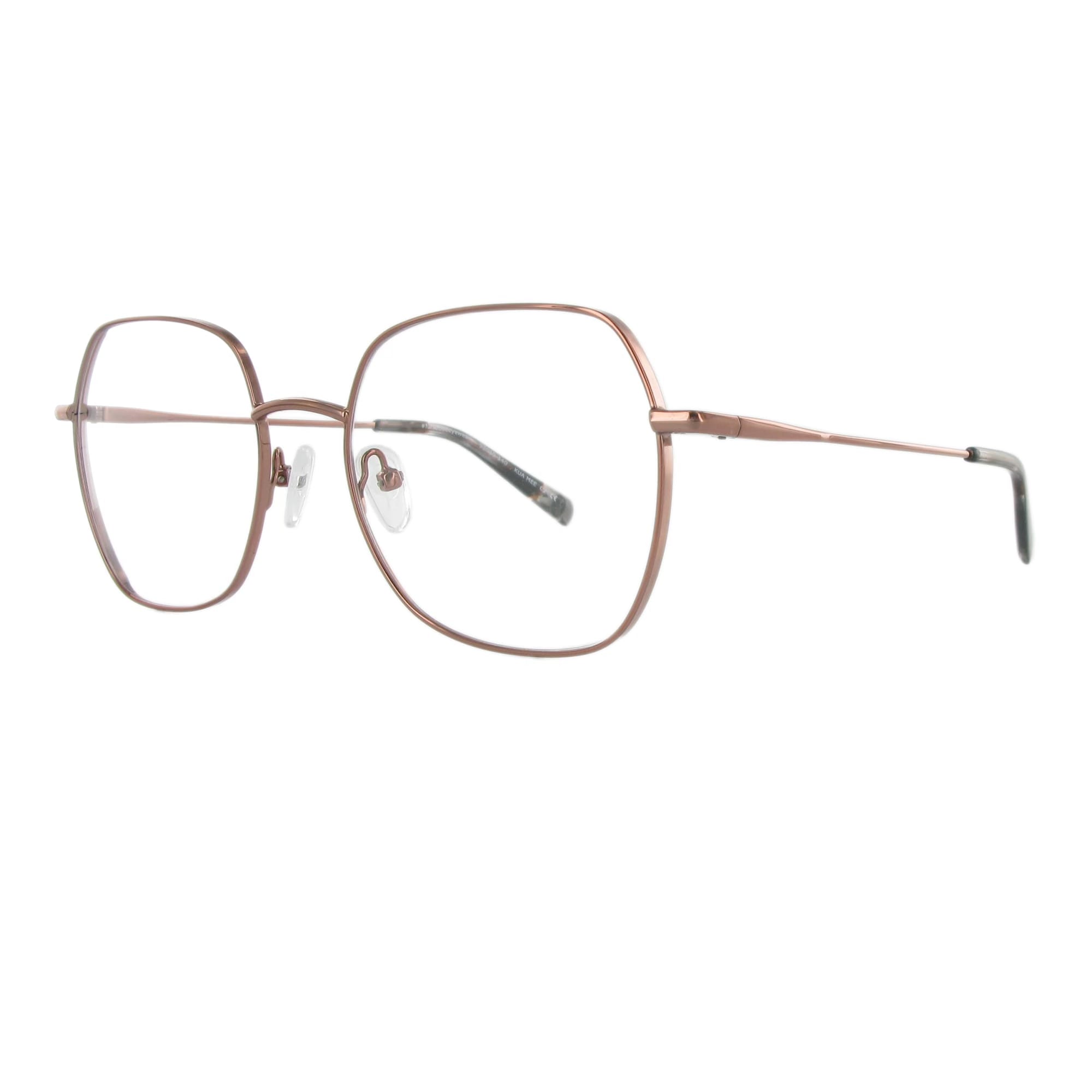 Leichte kupferbraune Metallbrille in femininem Design und eckiger Form, die durch unterschiedliche Materialstärken besonders schön wirkt.