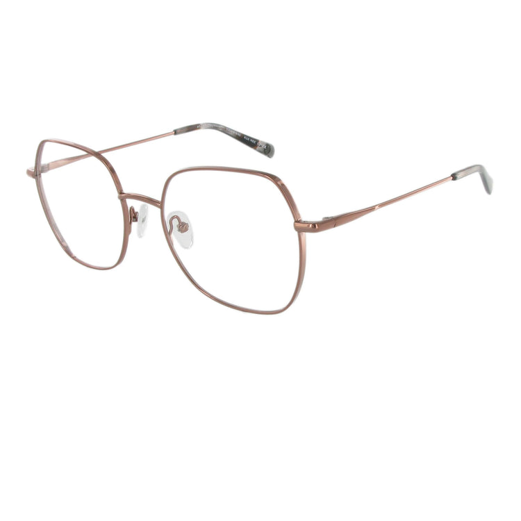 Leichte kupferbraune Metallbrille in femininem Design und eckiger Form, die durch unterschiedliche Materialstärken besonders schön wirkt.