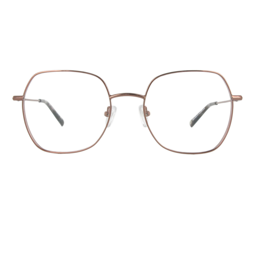 Leichte kupferbraune Metallbrille in femininem Design und eckiger Form, die durch unterschiedliche Materialstärken besonders schön wirkt.