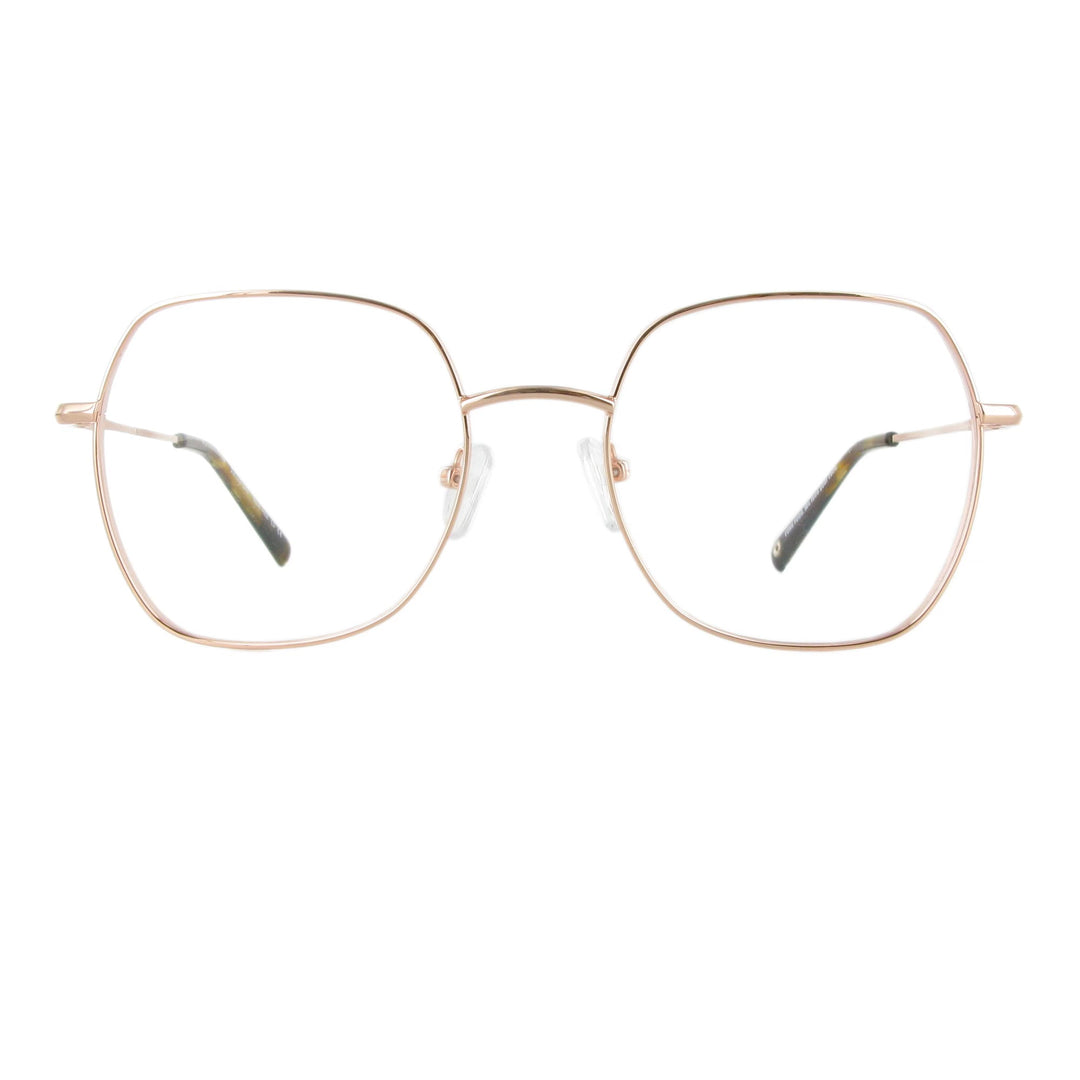 Elegante rose gold Edelstahl Brille in femininem Design und eckiger Form, die durch unterschiedliche Materialstärken besonders schön wirkt.