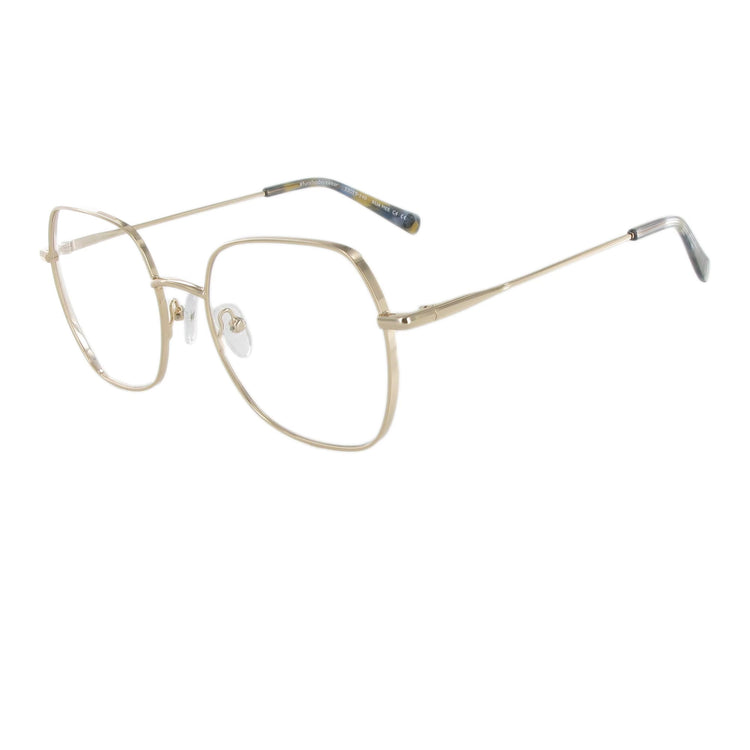 Leichte goldfarbene Metallbrille in femininem Design und eckiger Form, die durch unterschiedliche Materialstärken besonders schön wirkt.