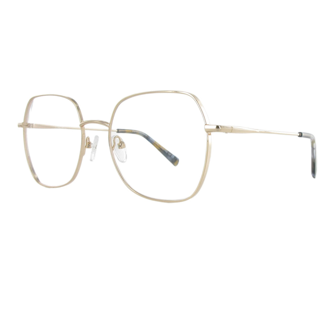 Leichte goldfarbene Metallbrille in femininem Design und eckiger Form, die durch unterschiedliche Materialstärken besonders schön wirkt.