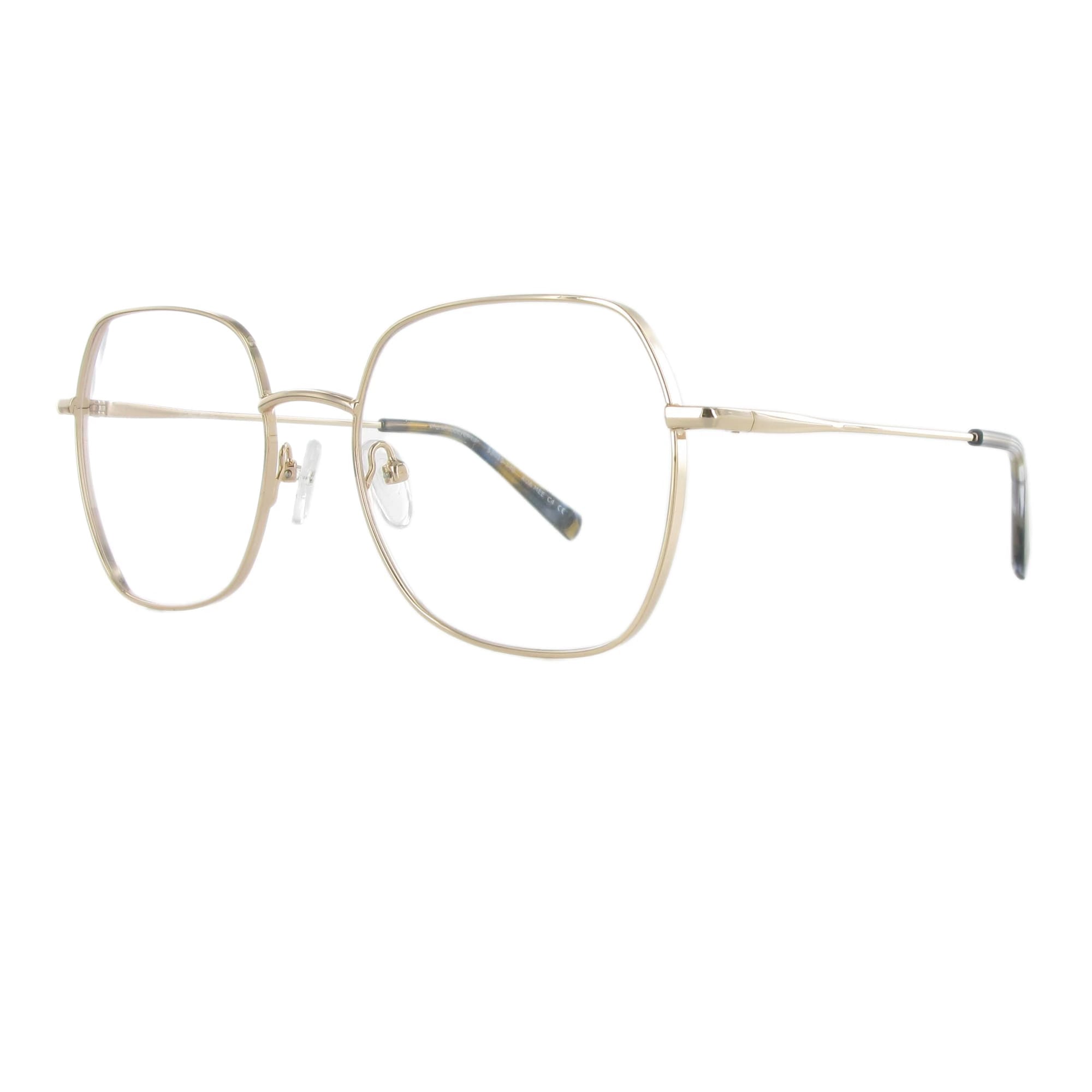 Leichte goldfarbene Metallbrille in femininem Design und eckiger Form, die durch unterschiedliche Materialstärken besonders schön wirkt.