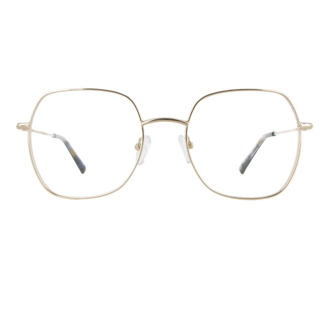 Leichte goldfarbene Metallbrille in femininem Design und eckiger Form, die durch unterschiedliche Materialstärken besonders schön wirkt.