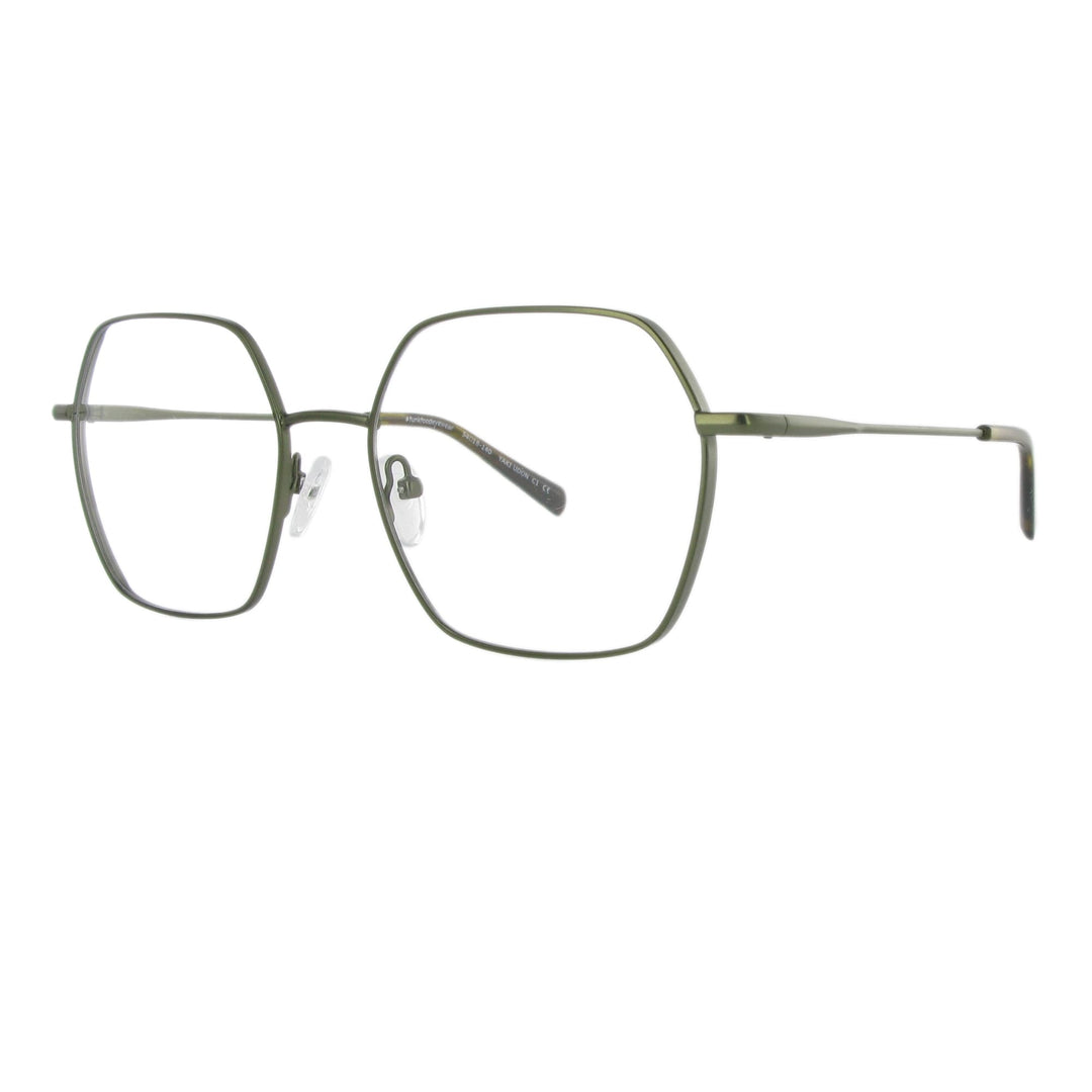 Leichte olivgrüne Metallbrille in femininem Design und eckiger Form, die durch unterschiedliche Materialstärken auffällt.