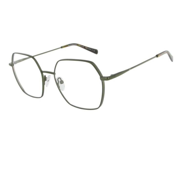 Leichte olivgrüne Metallbrille in femininem Design und eckiger Form, die durch unterschiedliche Materialstärken auffällt.