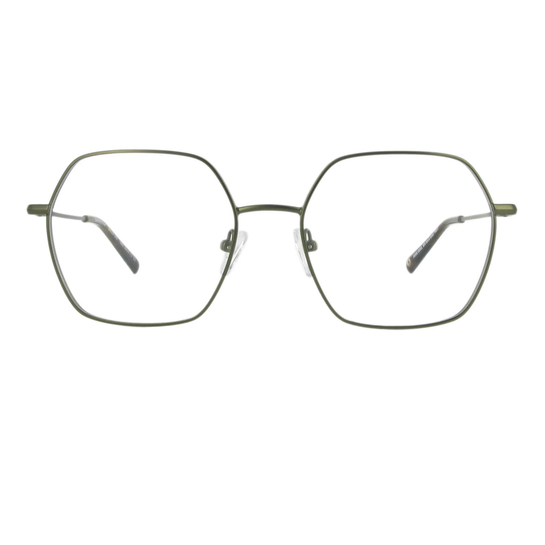 Leichte olivgrüne Metallbrille in femininem Design und eckiger Form, die durch unterschiedliche Materialstärken auffällt.